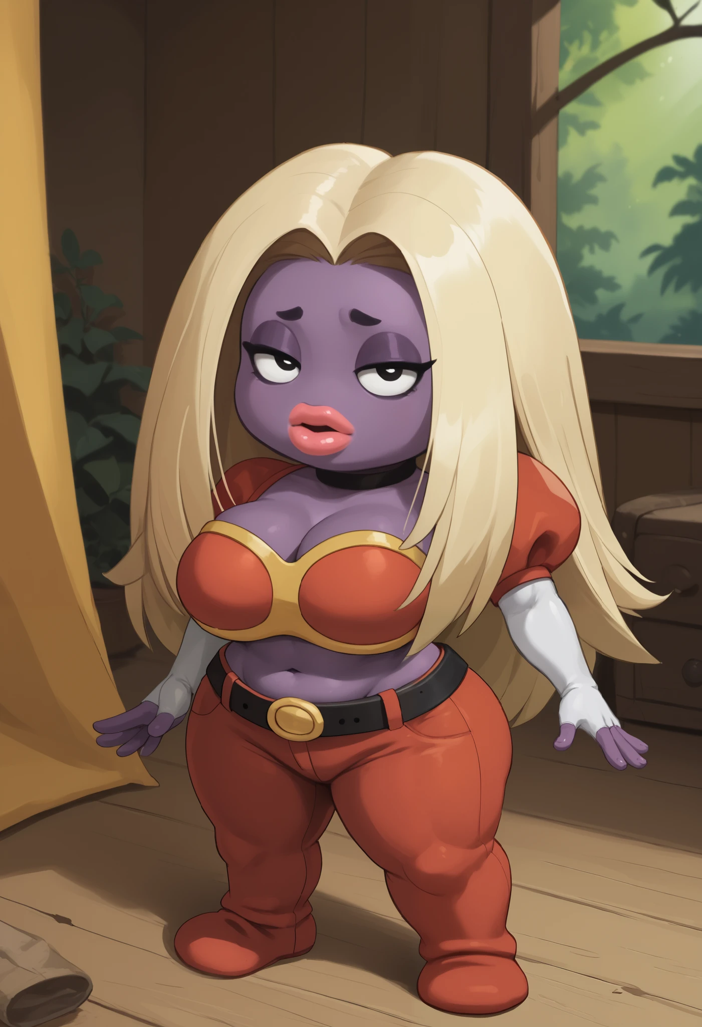 score_9, score_8_up, score_7_up, rating_explicit, 1girl, colored skin, lips, thick lips, pokemon (creature), no humans, long hair, blonde hair, black eyes, (shortstack:1.3), purple skin, puffy shoulders, large breasts, wide hips, bedroom eyes, cleavage,| choker. gloves, navel,midriff, belt, pants, crop top, turtleneck, room, room background, cowboy shot. forest. tent