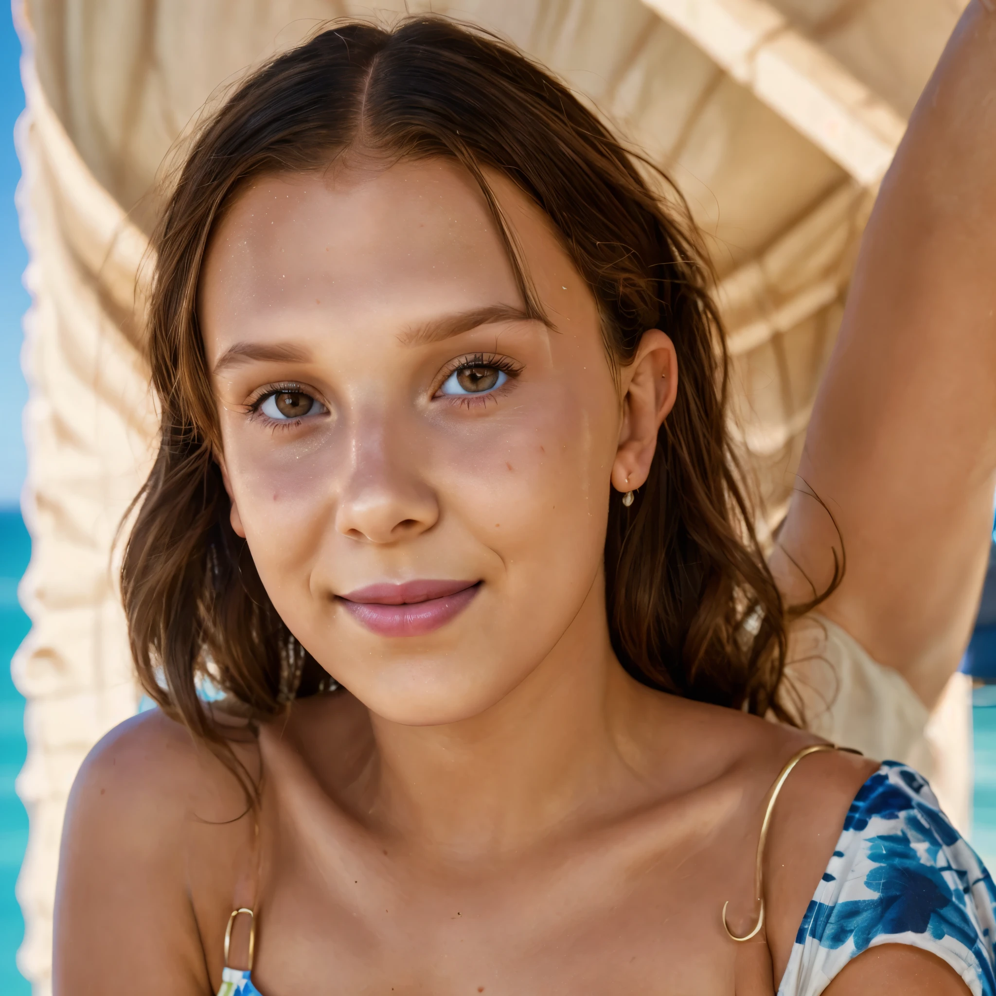 Millie bobby brown, realistic, one piece swimsuit, beautiful detailed eyes, beautiful detailed lips, extremely detailed face and skin, long eyelashes, brown hair, posing, smiling, natural lighting, high quality, photorealistic, detailed background, colorful, vibrant colors, 8k, (best quality:1.2), (realistic:1.37), (masterpiece:1.2), intricate details, studio lighting