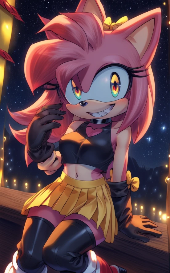 ((masterpiece)) ((UHD)) 4K, High detailed, ((detailed shadowing)) Female anthropomorphic hedgehog, Amy Rose, mobian, light pink fur, furry, Anime style art, Studio Quality, Atractive, gorgeous body, full body portrait, Best Quality, High resolution, breasts, midriff, multicolored hair , pink messy, frizzy, shoulder length Punk Hair with red highlights, ((yellow hair bow)), 4 long bangs, red eyes, (( black crop top with a red heart)), ((long black gloves)) black choker, earrings, ((orange and yellow striped pleated skirt and a white fringe)) , ((long blue boots with yellow bows)) , creepy smile, wide-eyed, crazy, bonkers, unhinged, sitting legs out ((nighttime)) ((starry sky)) ((ambient lighting)) (cinematic lighting)), carnival 