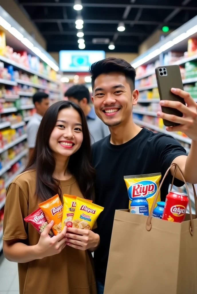 Huband and wife grocery shopping, man shopping cart, mall , indonesia , handsome man , thin stuble, long sleeve shirt, athletic. Very beautiful woman, tall, white smooth skin, gorgeous, elegant, smiling at the camera, happy family, happy couple, romantic, carrefour