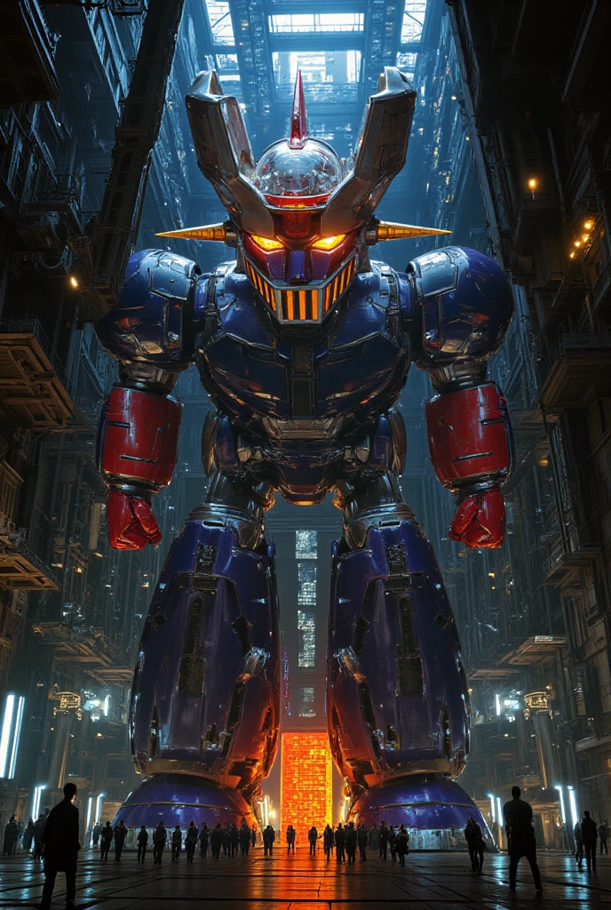  a very realistic version of the modified Mazinger Z,  Standing 100 meters high in a forward leaning position.   It's built with modern materials such as steel  ,   Carbon Fiber  ,   Other industrial elements are also visible  ,   just like the real thing  ,   has been carefully recreated 。.  set in a modern nuclear reactor facility 、 an industrial environment where a high voltage current flows and emits light   ,   Masinger Z standing around  ,   are illuminated by natural light  、  A huge structure highlighted by realistic shadows  . LED light lighting  　Gundam