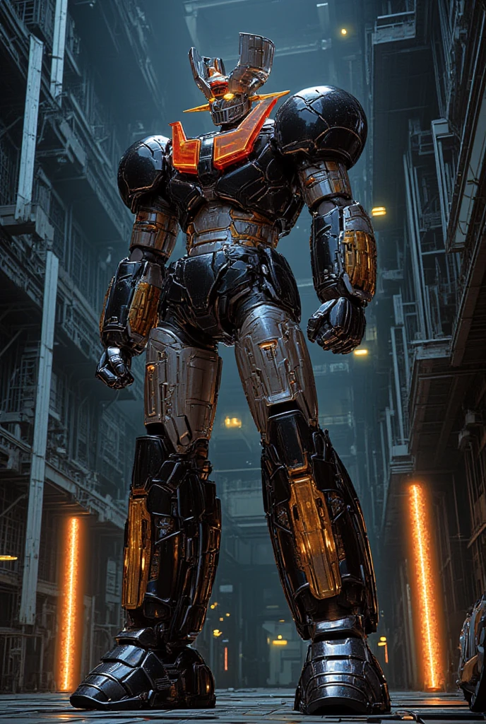  a very realistic version of the modified Mazinger Z,  Standing 100 meters high in a forward leaning position.   It's built with modern materials such as steel  ,   Carbon Fiber  ,   Other industrial elements are also visible  ,   just like the real thing  ,   has been carefully recreated 。.  set in a modern nuclear reactor facility 、 an industrial environment where a high voltage current flows and emits light   ,   Masinger Z standing around  ,   are illuminated by natural light  、  A huge structure highlighted by realistic shadows  . LED light lighting  　Gundam