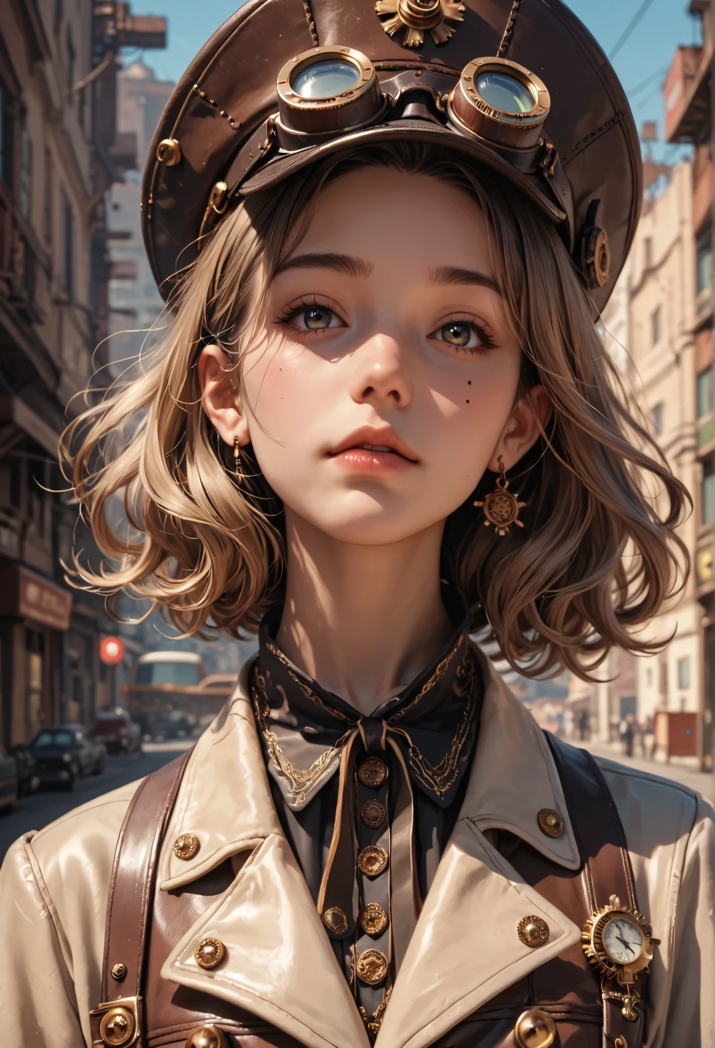 score_9, score_8_up, score_7_up, score_6_up, photo, realism, photorealistic, Industrial steampunk mechanic girl, perfectly detailed face, (hat:0.8), goggles, steampunk beige leather double breasted jacket, beige tweed fabric pleated skirt, (leather laced boots:0.8), intricately detailed brass accessories. Masterpiece, illustrated, highly detailed, industrial background, retro-futuristic,