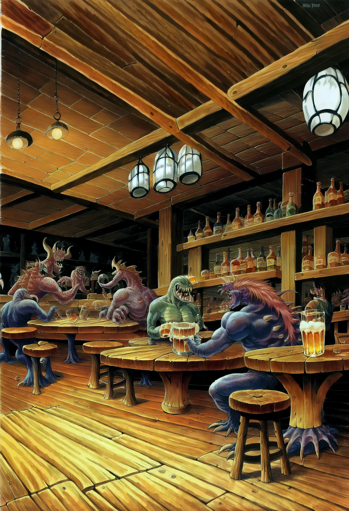 score_9, score_8, score_7, source_anime, (best quality:1.2, masterpiece:1.2), (monster:1.35), BREAK, 1990s \(style\), retro artstyle, western bar interior & atmosphere, (((monster’s bar, monster’s pub, many various monsters are drinking in the pub together, crowded bar by monsters))), (wooden tables, wooden floor, dark interior:1.55, dark atmosphere:1.55, night pub, night bar’s atmosphere:1.55), sitting on the chair, beside counter table, beer glass on the table, wooden door, rural, countryside, panorama view, 