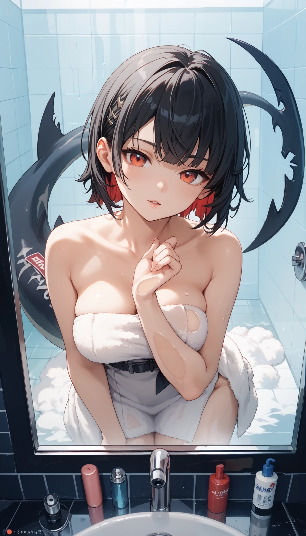 masterpiece， high resolution，Anime Art，Anime Numbers， 4k anime wallpaper，Soft Light， radiant skin， unique ，An anime girl，Crawling on glass，The body is squeezed ， black hair， ombre short hair， wearing a white towel ， red eyes， black shark tail，Bathroom Background