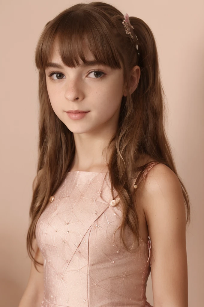 A girl with tied hair and brown eyes wearing a flirty pink dress. 
