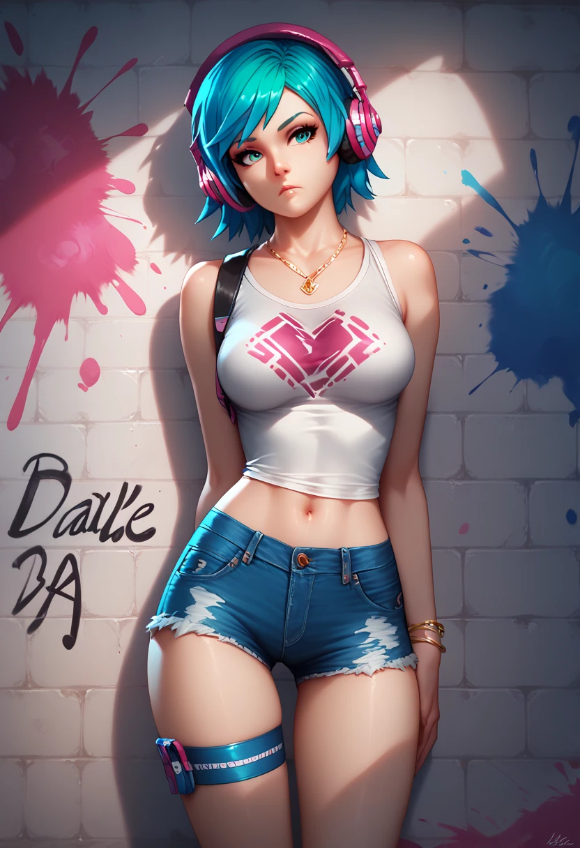 Perfect imagine, Perfect hands, (((Glowing neon eyes))), ((masterpiece, best quality)), 1girl, solo, Kiriko LeSserafim, upper body, short hair, brown eyes, multicolored hair, blue hair, yellow highlights, bangs, pink headwear, hair between eyes, (white off-shoulder shirt:1.5), ((gloves:1.5)), pointing to her face, fingerless gloves, hoop earrings, (white shirt:1.5), headphones around neck, thighhigh, white gloves, lace-up boots, boots, gloves, jacket around waist, thighhighs, breasts, headphones, standing, jewelry, bracelet, midriff, white crop top, cross-laced footwear single kneehigh, smile, earrings, jewelry, hat, looking at viewer, makeup, facepaint, facial mark, detached sleeves, lips, indoors, japanese house, hands on her face, portrait,