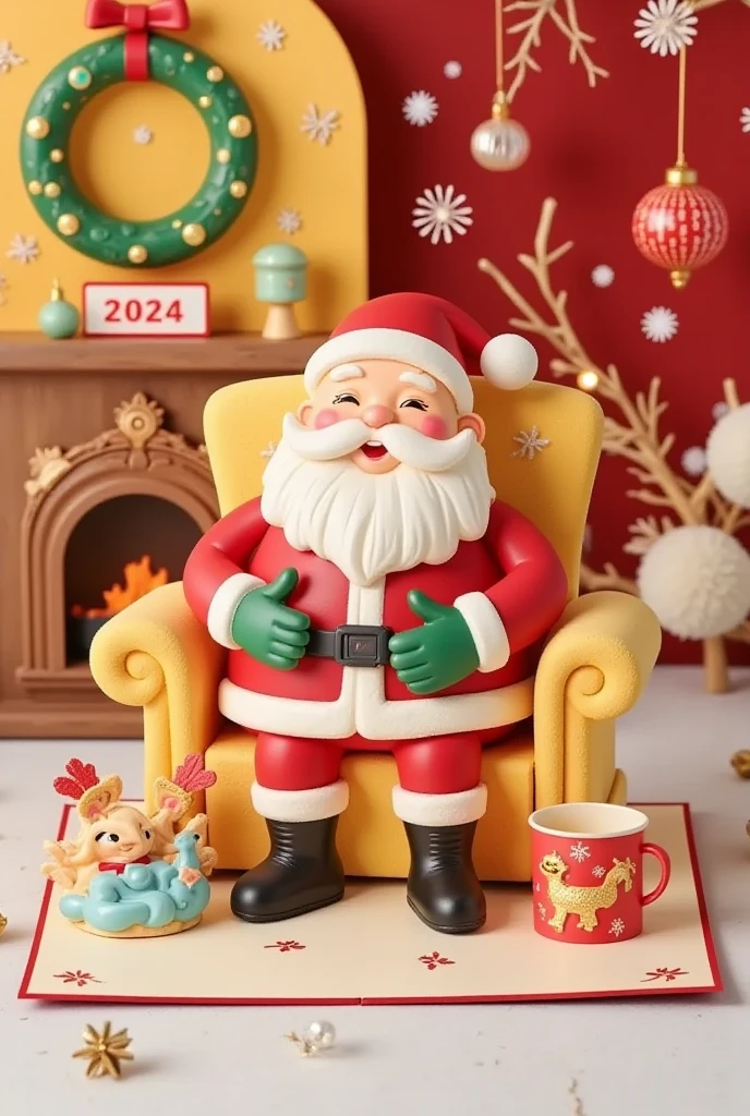  is displayed white , and smiling , green Christmas wreath on the wall , 3D cartoon style scene , red Christmas ornaments .  a small television showing a green channel , wearing his traditional red suit  " Double Dandan New Year " Cursive , depicts a large ,crackling flames.  ornament interior , fantastic cartoon-style digital illustration :  depicting a cozy living room scene ,A small television showing a green channel, and a warm fireplace .  includes a glowing neon sign , white cat curled up in blue Put on the mat . Two small ones,White雪花飘在空中.,
 in the center of the scene , Santa Claus , This is a colorful , with white snowflakes floating in the air , sitting in a large armchair . Beside him,A small, Cup .  ornament's interior is decorated with various Christmas ornaments {x} The background transitions from an orange gradient at the top to a warm red tone at the bottom, in the lower left corner .  in the upper left corner , has Chinese characters ，Upper right corner,date "2024" is displayed White.  with text  " to add a festive atmosphere " White.,