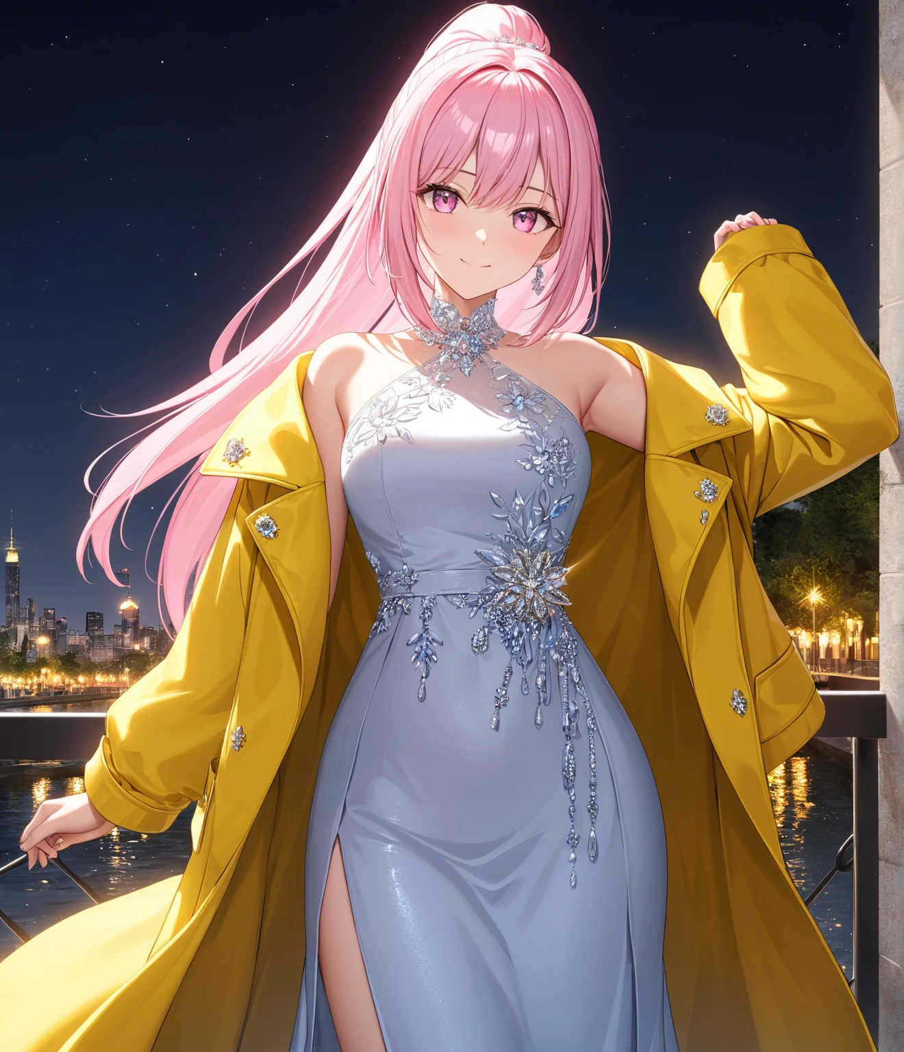1 girl, single girl, cute, tan skin, long pink hair, green eyes, medium breasts, big hips, short sequined evening dress, short tight dress, celebrity, famous, night