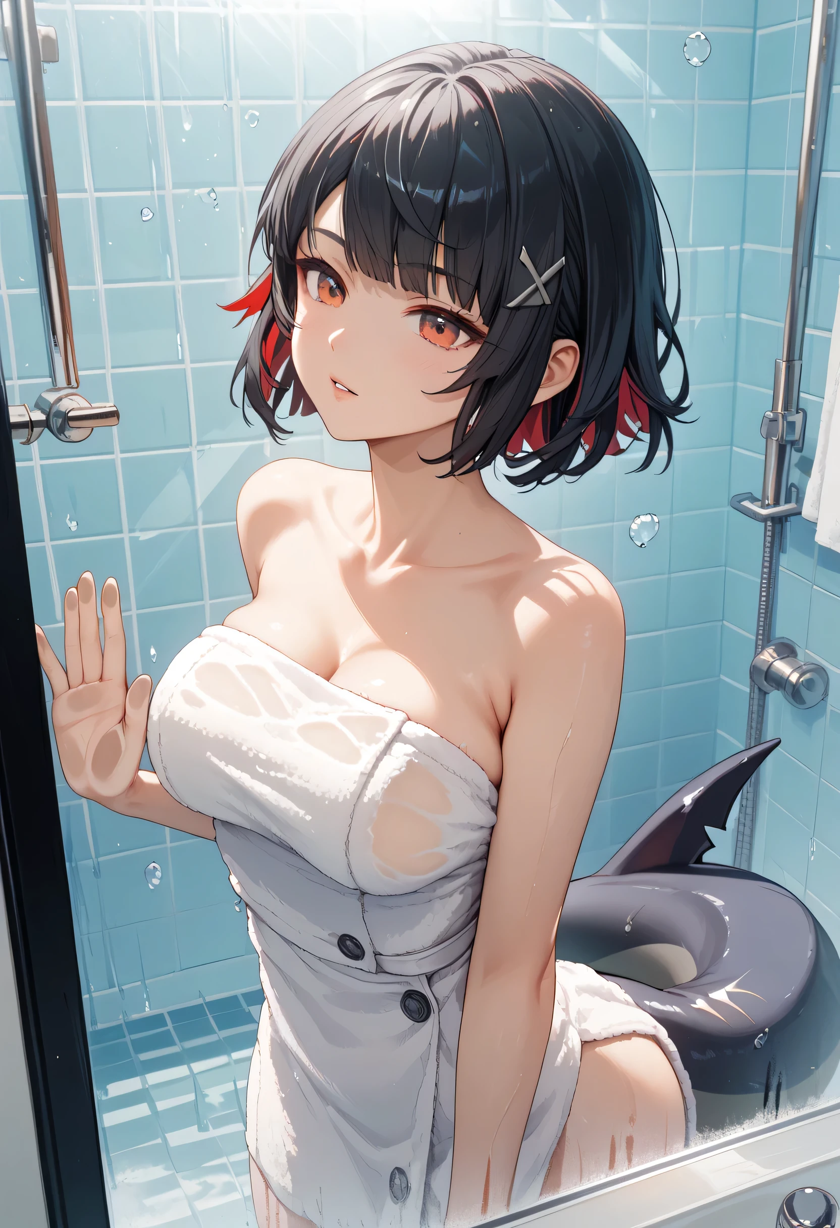 masterpiece， high resolution，Anime Art，Anime Numbers， 4k anime wallpaper，Soft Light， radiant skin， unique ，An anime girl，Crawling on glass，The body is squeezed ， black hair， ombre short hair， wearing a white towel ， red eyes， black shark tail，Bathroom Background