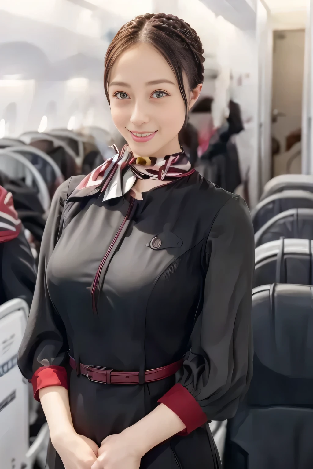 (masterpiece:1.2,  top quality :1.2), 32kHDR,  High Definition , (Alone、  1 girl)、（ on board）、In-flight background、（  wearing a JAL flightattendant uniform  ）、（（ short sleeve jumper skirt in a JAL flightattendant uniform {x} JAL flightattendant uniform 、Red belt wrapped around the waist  、 Scarf around the neck ））、  dark brown hair  、（  Super Long Hair Wrap Hair、Braid Wrap Up Hair ）、 、 long hit 、Big Breasts、Thin legs、（（ amazing hands：2.0）），（（ harmonious body proportions ：1.5）），（（Normal limbs：2.0）），（（Usually ：2.0）），（（ Delicate eyes：2.0）），（（Normal eyes：2.0））)、（ beautiful standing figure wearing a JAL flightattendant uniform  ）、Hands folded under the body 、 being crucified
