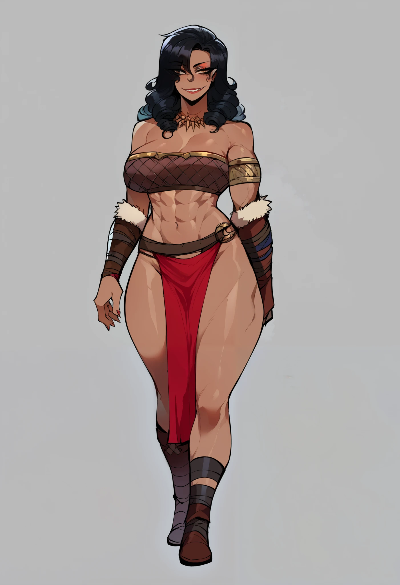 (score_9, score_8_up, seductive face, seductive expression), hyborean woman, warrior, barbarian, bronze skin, long curly black hair, hazel eyes, eyeliner, tall, amazonian, toned, fur bandeau bra, pelvic curtain, full lips, smile, feminine, wide hips, big massive breasts, Nyantcha Style, source_anime, Full body, Full body,