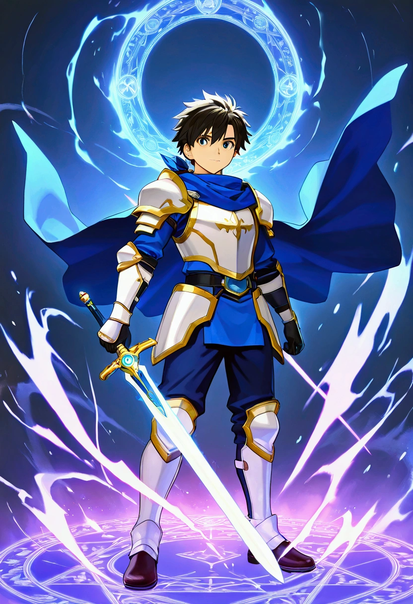 's greatest masterpiece ,  High Quality  , 25-year-old handsome dark-haired young man"Asuka" , Young Hero , Alone , Paladin with majestic white armor and a blue cloak , ( thrusts the sacred sword to the earth ) , Wear a sacred blue aura , Real Digital Art  ,  very detailed , 4ｋ
