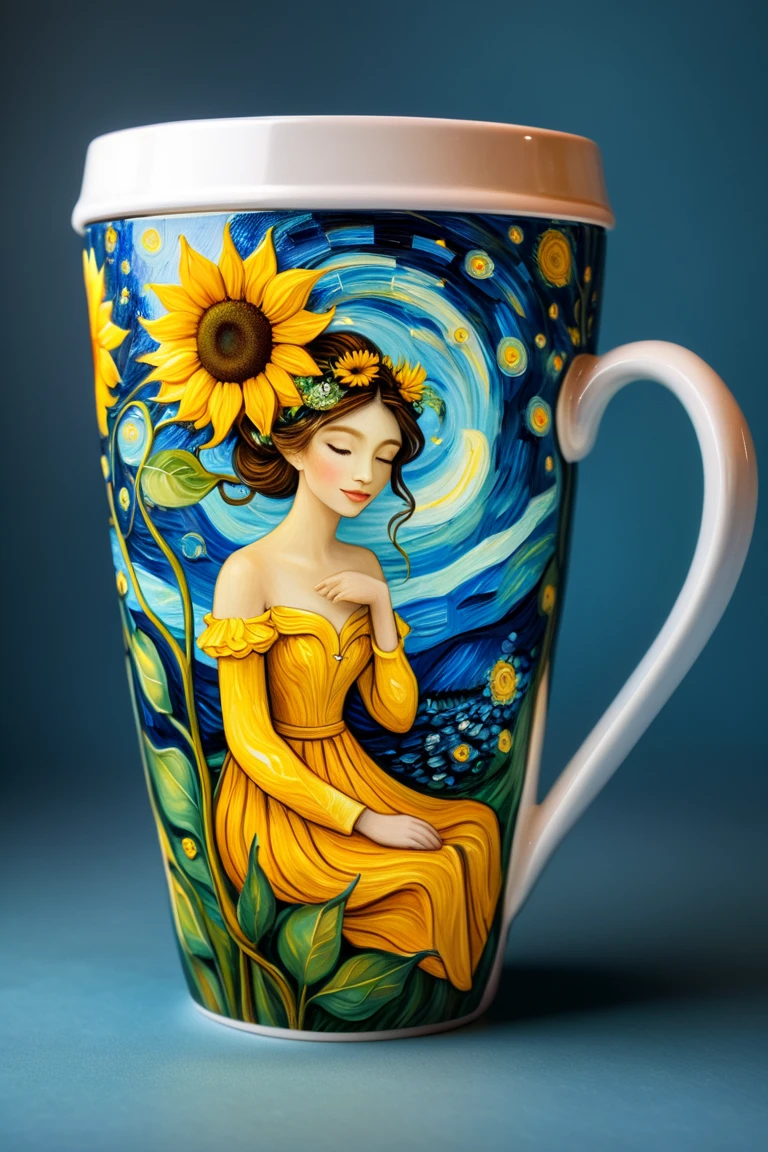 An elegant coffee cup, painted in the style of Van Gogh, sunflowers and the evening sky, a fairy girl sitting in the cup, in the style of Jasmine Beckett Griffin