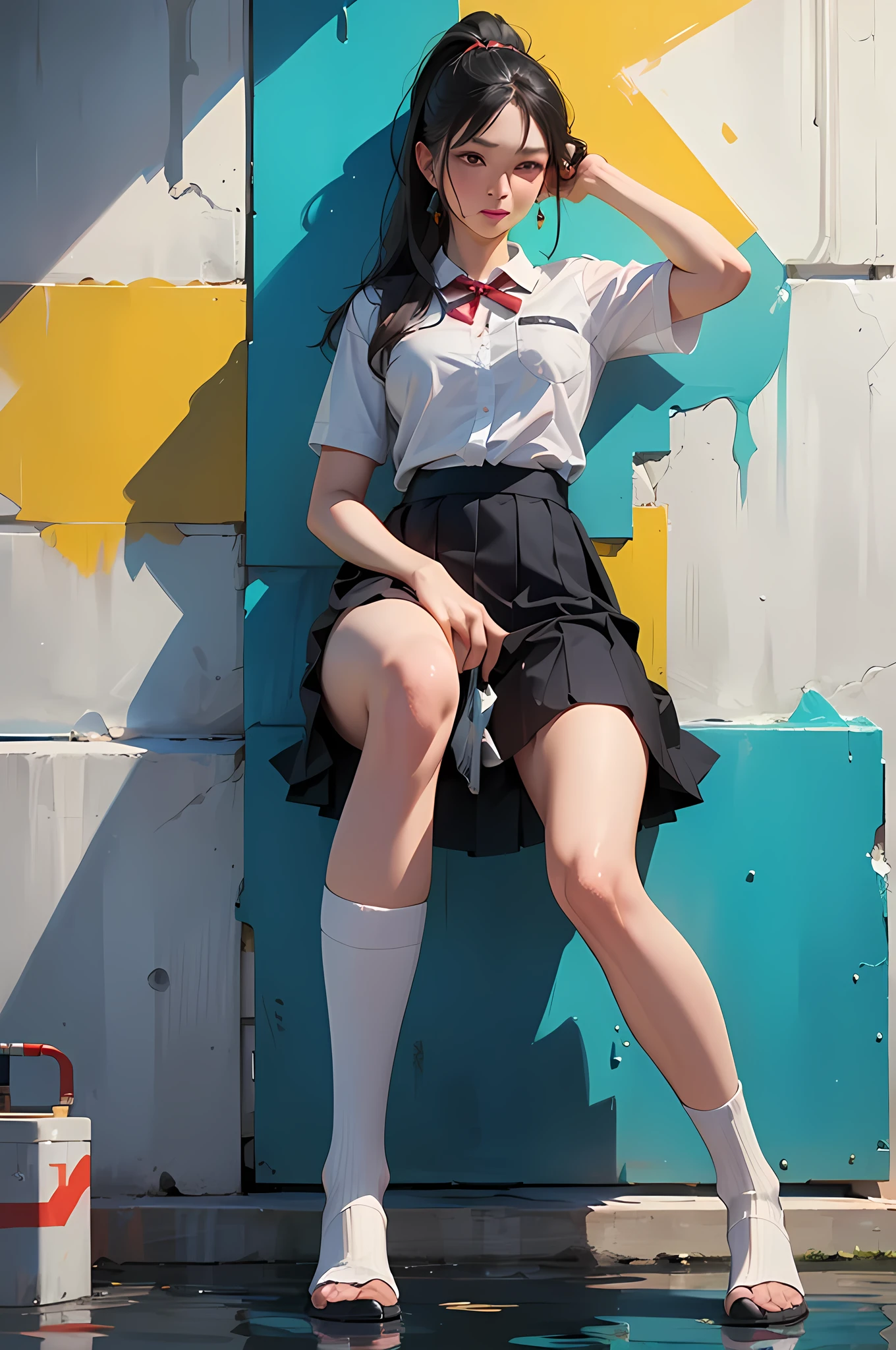 (masterpiece, IMAX cinematic quality:1.4), 
(Wall paint:1.4), Beautiful women,
A woman in a high school uniform sits with her legs spread and lifts her skirt , wearing Lofer, It's live-action, peeing in Shopping mole, Ponytail hair, Blushed face, Medium breast, lots puddle of pee at feet, Black socks, From below, 

(ultra-realistic portrayal blending urban style with the allure of an Asian woman in a candid moment:1.3),