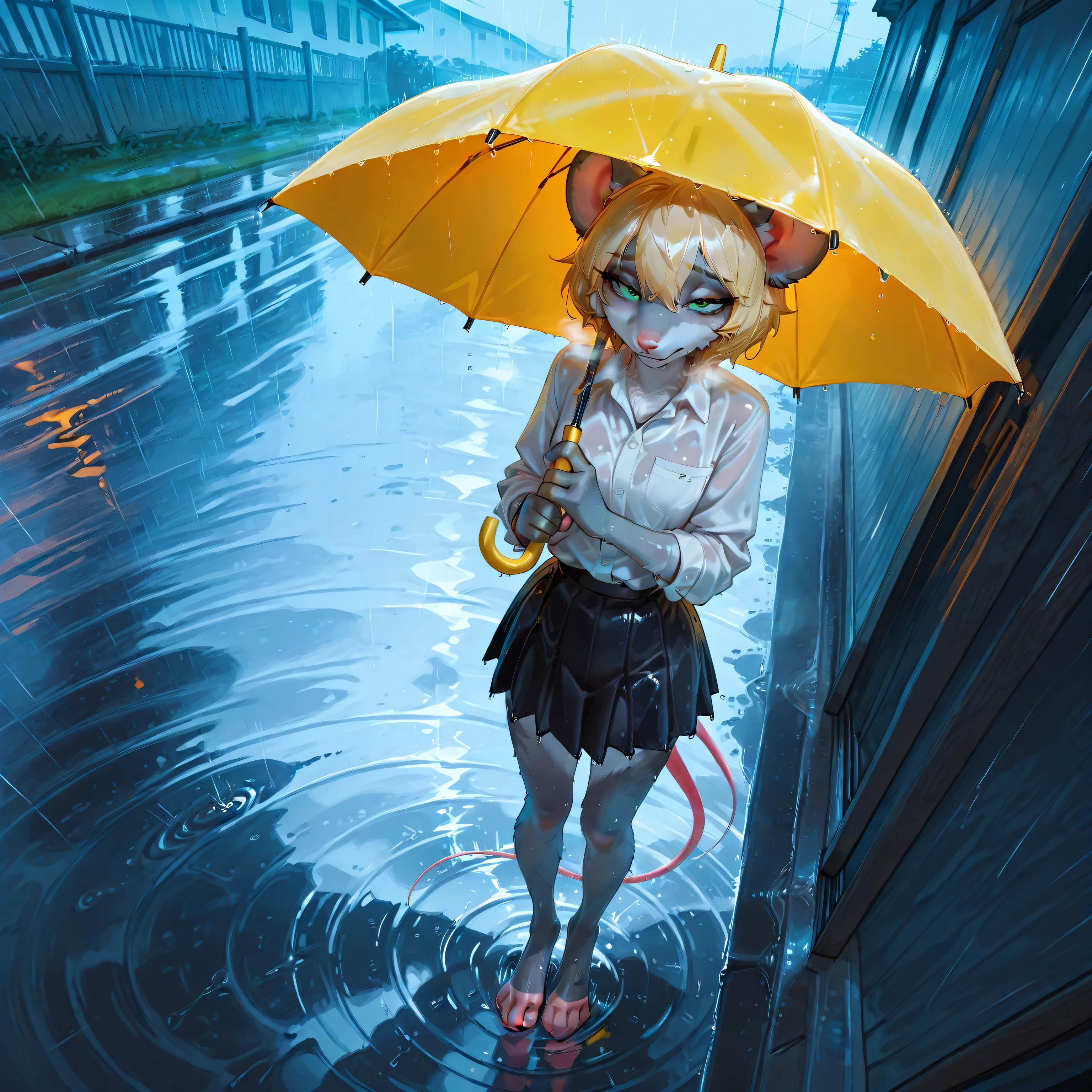  illustration of small furry girl in a porch holding broken vivid_yellow umbrella, wears office's drenched clothes, wet:1.5, grey fur, very tiny, half-closed eyes:1.5, bob blonde hairs, green eyes, perferct eye, black short skirt, really sad expression, puddle on the porch's floor, heavy rain,aerial shot, extreme angle, masterpiece, breathtaking, sdxl, trending furry art, dynamic, water drips from clothes,perfect eyes, bare mouse toes, realistic water, deep of view, grey day, breathing's steam, seethrought white shirt,