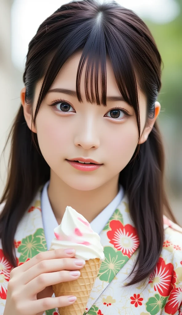 A stunning European woman with a wide open mouth, wearing a beautiful kimono, (masterpiece, best quality 1.4), (8k, RAW photo:1.2), (realistic, photo realistic:1.4), ultra-high resolution, (high-definition 8K wallpaper), Japanese Idols, Japanese actress, very cute, big eyes, detailed face and eyes, bringing color back to my face, beautiful eyes, glowing skin, portrait, (twintails:1.2), (smiling:1.3), (holding a soft serve ice cream cone, soft serve ice cream inside mouth:1.2), lighting, depth, edge depth, (dynamic angle:1.4), blurred background, bokeh, (kimono, frilly skirt:1.2), (daytime in the park).