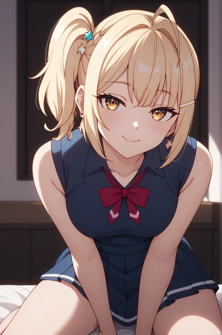 Miyamae Nonoa,yellow eyes, Looking at viewer, 1girl, Solo, POV, Heart Earrings, Light Smile, Blonde Hair, Ponytail, Side Ponytail, High Resolution, Best Quality, sitting on top of a seat, half-libbed eyes, upping her skirt