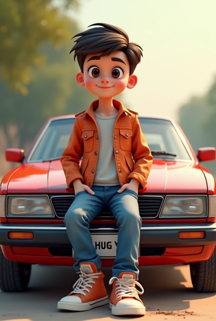 A man getting hit by a maruti ertiga car in his leg and his age 13 and gets very hurt and bleeds and he is lighter orange and he doesn't fall he is angry and sad at the same time and he hits from the front of car and the cars tire is on the boys leg