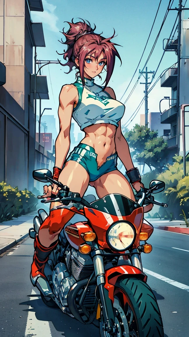 ((masterpiece, highest quality; 1.3)), super quality, Beautiful details, Very detailed, Ultra-fine, 16k, Exquisite, Abdominal musclesurd, High resolution, Beautiful background, Detailed Background, Beautiful Eyes, Beautiful Skin, Anime Style, (Dirty Pair's Kei is riding a red Harley on the highway.), Dirty Pair's Kei is wearing a white high-waisted outfit, Cleavage, Bushy red-haired beauty, Fluttering Hair, White Uniform, Wear tight clothes, Skimpy, (Center of chest:1.2), Covered giant nipples, (Muscular body: 1.2), Abdominal muscles, six pack, oblique muscle, Muscular biceps, Hamstring, Slim Waist, Thin thighs, Thigh Gap, show your stomach, skinny, Thin Hips, Cyberpunk City Background, green headband, emerald green headband