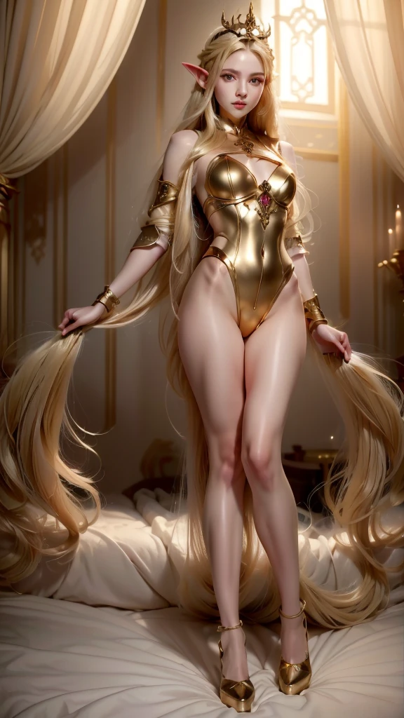 blonde woman in a purple and gold costume posing on a bed, elegant cosplay glamouroso, ornate cosplay, cosplay glamouroso, lux de league of legends, Full body cinematic goddess , fancy dress, Amouranto as a super villain, Golden clothes, Amouranto,  Seductive Elf Princess Knight ,  cinematic shot of goddess , ((uma bela imperatriz fantasia)), uma bela imperatriz fantasia, 
([long hair hair]:1.8), (full body:1.8), (upper body up:0.3), (hyper realistic:1.4), (realistic:1.3), (best quality real texture skin), Detailed eyes, detailed face, PERSEPHONE, persephone, (SFW:1.5) Hyperrealistic, LESS saggy breasts, (SMALL BREASTS:1.5), (HUGE LEGS:1.5), (LESS THIGHS:1.5),  perfect legs ,  perfect legs , pernas added, pernas added e perfeitas,  shapely legs,  shapely thighs, pernas added, Smooth thighs. ( erotic pose :1.5), ( thick eyebrows :1.2), (big purple eyes:1.2), ( ultra-detailed eyes :1.4), ( High-resolution eyes :1.1), ( ultra detailed skin texture:1.4), (Beautiful toned body:1.1),  cameltoe