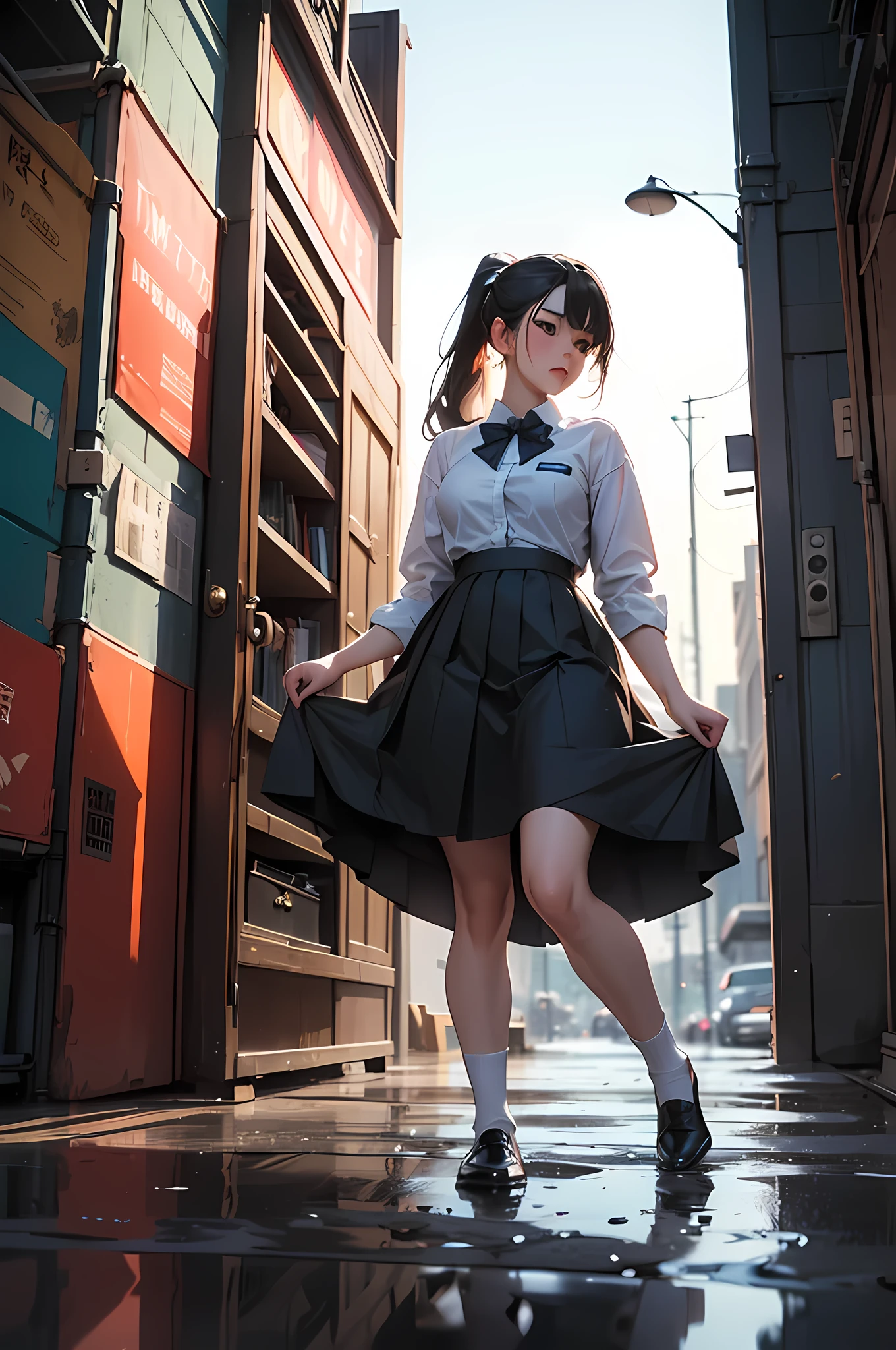 (masterpiece, IMAX cinematic quality:1.4),
(TEXT Wall paint:1.2), Beautiful women,
A woman in a high school uniform sits with her legs spread and lifts her skirt , wearing Lofer, It's live-action, peeing in seashore, Ponytail hair, Blushed face, Medium breast, lots puddle of pee at feet, Black socks, From below,
(ultra-realistic portrayal blending urban style with the allure of an Asian woman in a candid moment:1.3),