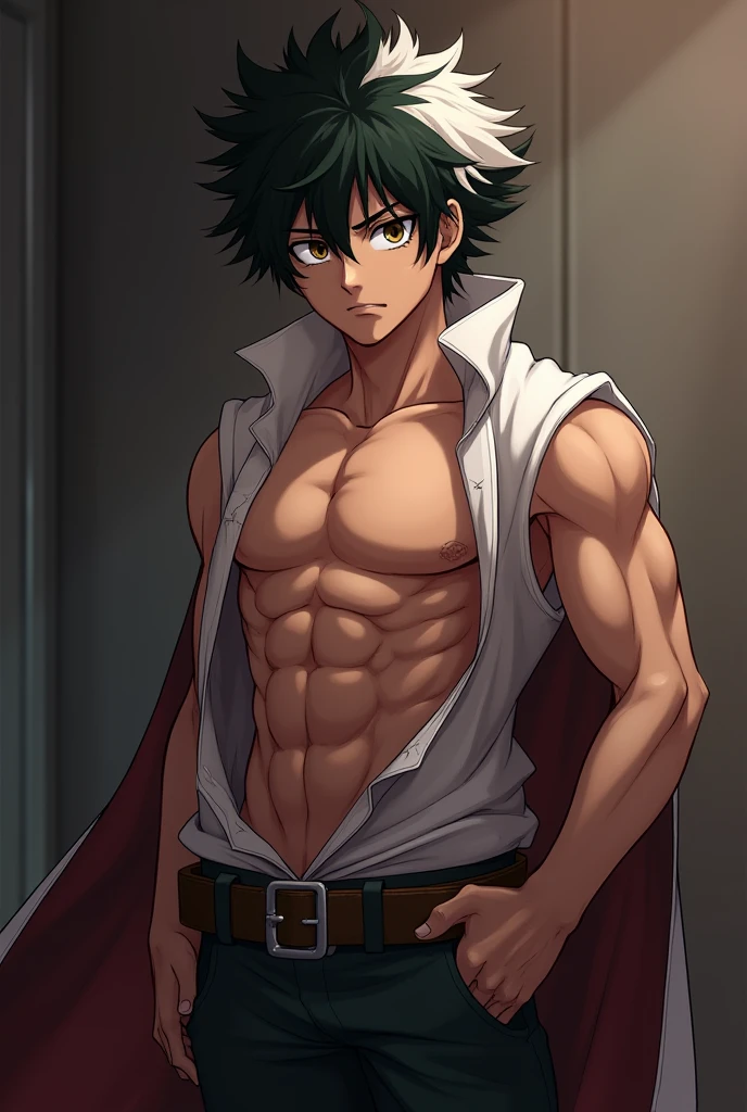masterpiece, best quality, high quality, 1boy, solo, male focus, half opened shirt, exposed muscle, abs, looking at viewer, waist body, asta, green eyes, black headband, grey hair, in bedroom, spiked hair,,