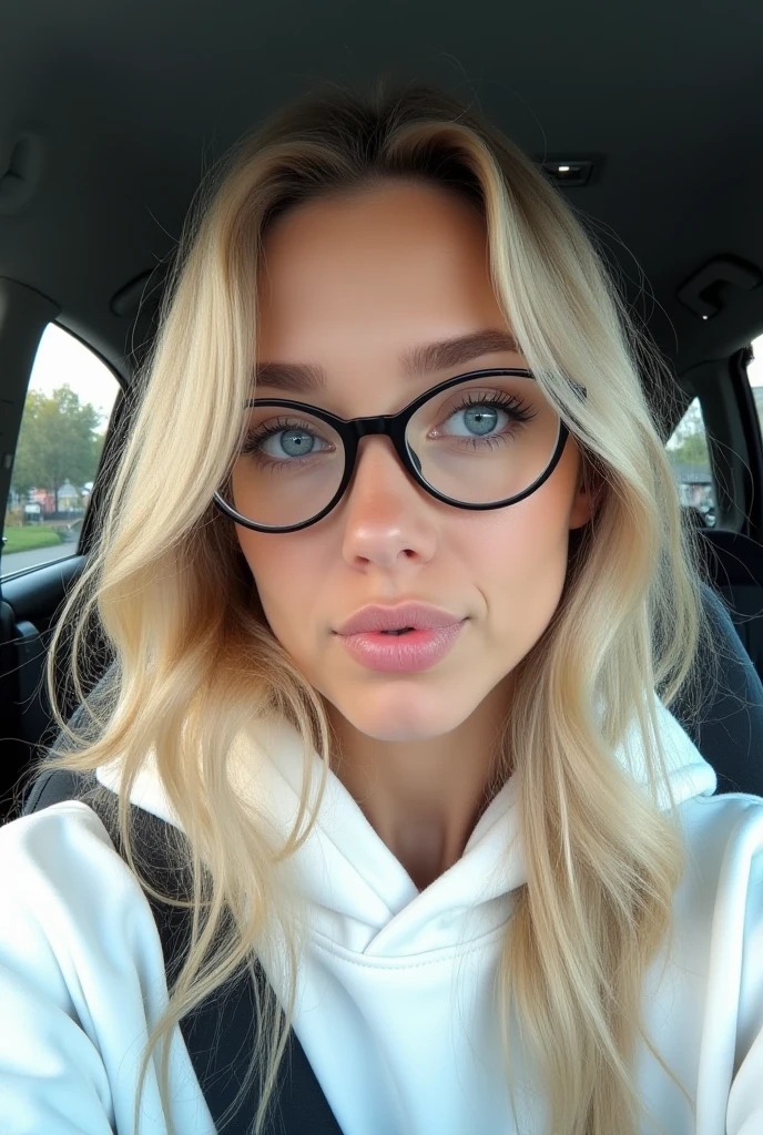 selfie of a 18 year old girl with light blonde hair , round face and blue eyes in a bright city , futuristic, seductive, motion blur, black glasses, huge fucking tits, massive breasts, blurred background, lots of cleavage, thin sundress, image focused on large cleavage, bright lighting,