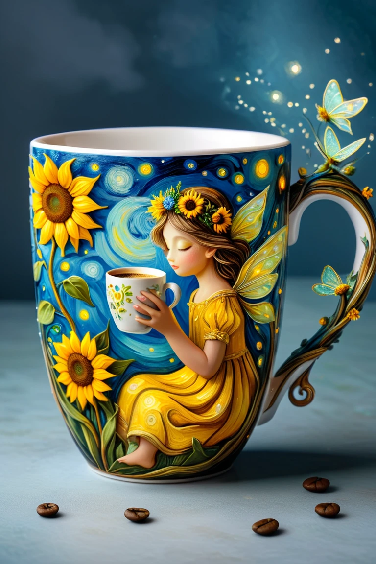 An elegant coffee cup, painted in the style of Van Gogh, sunflowers and the evening sky, a fairy girl sitting in the cup, in the style of Jasmine Beckett Griffin