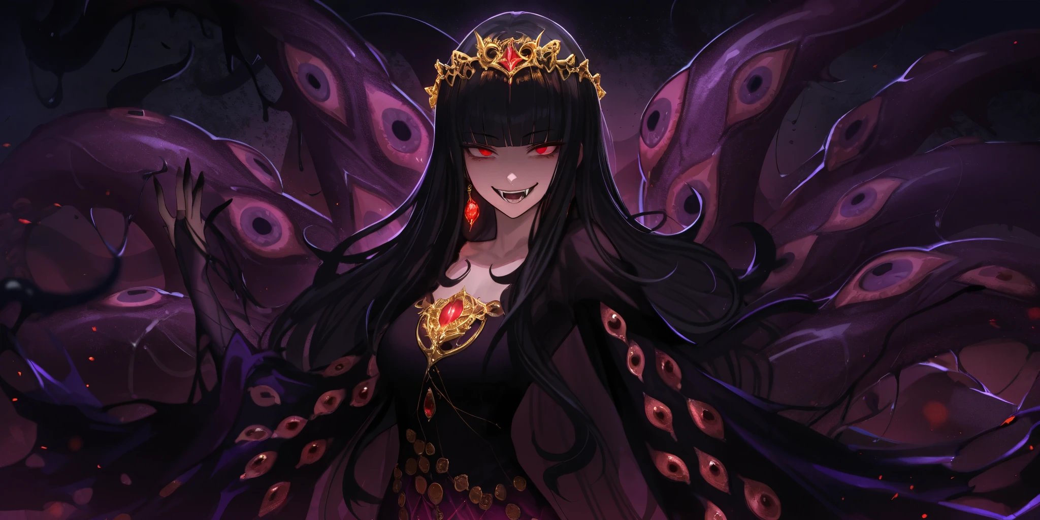 Pale World、Demon of Lamentations、Blindfold、Crying、wing、Scream、black sclera、White of the eyes、Blue Devil、Long black nails、Atrocities、Colossal Devil、tooth、Double teeth、Black coat、Purple aura、