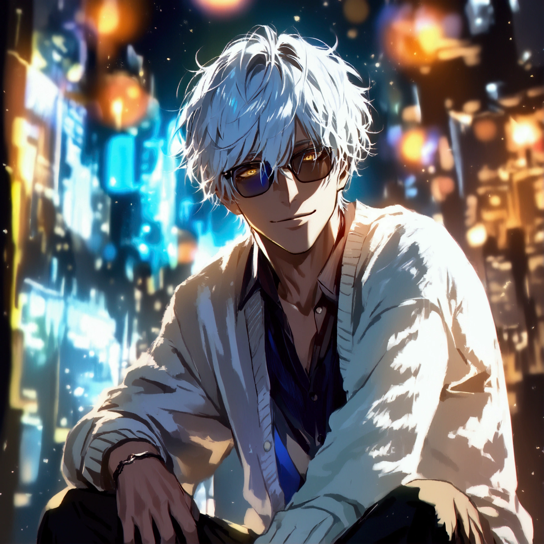 (solo), (1 male), handsome men, (one man with white hair with Blue inner hair color, yellow eyes), Bob hair, messy hair, sunglasses,((masterpiece)), (dark background: 1.3), (stylish), White cardigan ,dynamic angle, (detailed face, detailed eyes, proportional hands, proportional anatomy), sitting in a relaxed pose, sinister atmosphere, a nihilistic smile