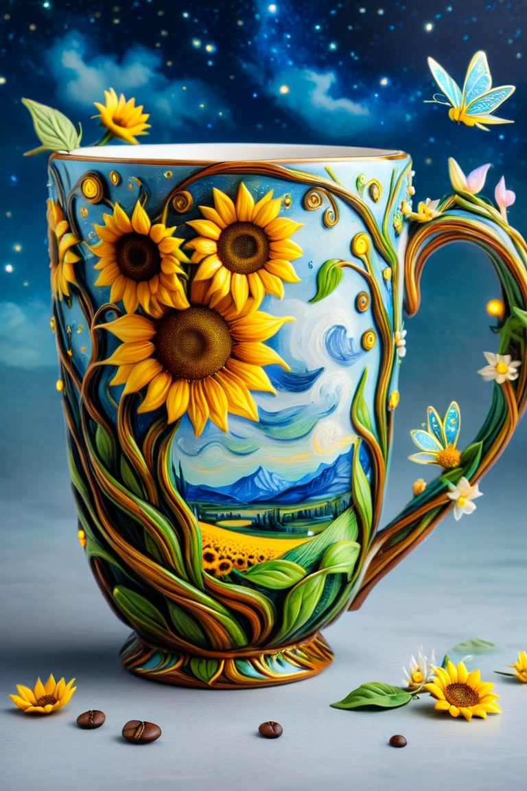 An elegant coffee cup, painted in the style of Van Gogh, sunflowers and the evening sky, a fairy girl sitting in the cup, in the style of Jasmine Beckett Griffin