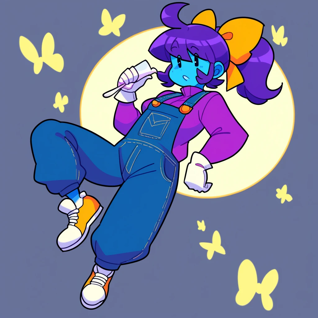 The whole body is purple、Cat Eyes、Sanpakugan gothic makeup、Punk makeup like a rock band、頭にbutterflyの羽が生えている、butterfly々or have tattoos with alien motifs、