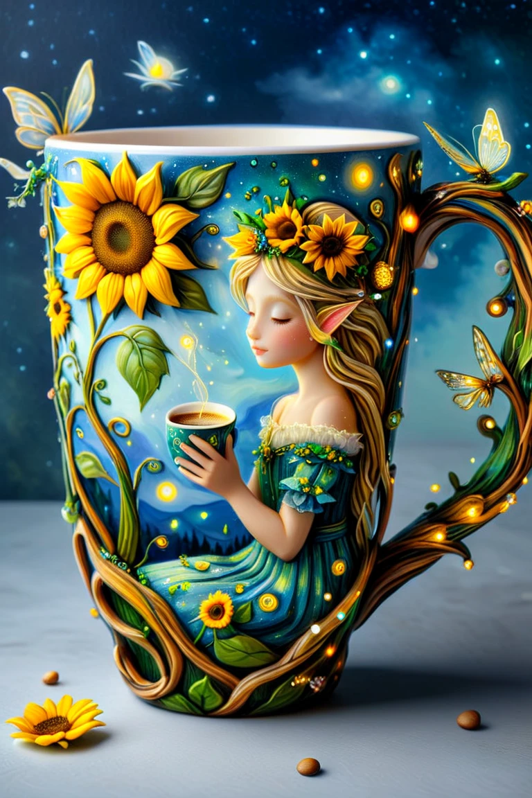 An elegant coffee cup, painted in the style of Van Gogh, sunflowers and the evening sky, a fairy girl sitting in the cup, in the style of Jasmine Beckett Griffin