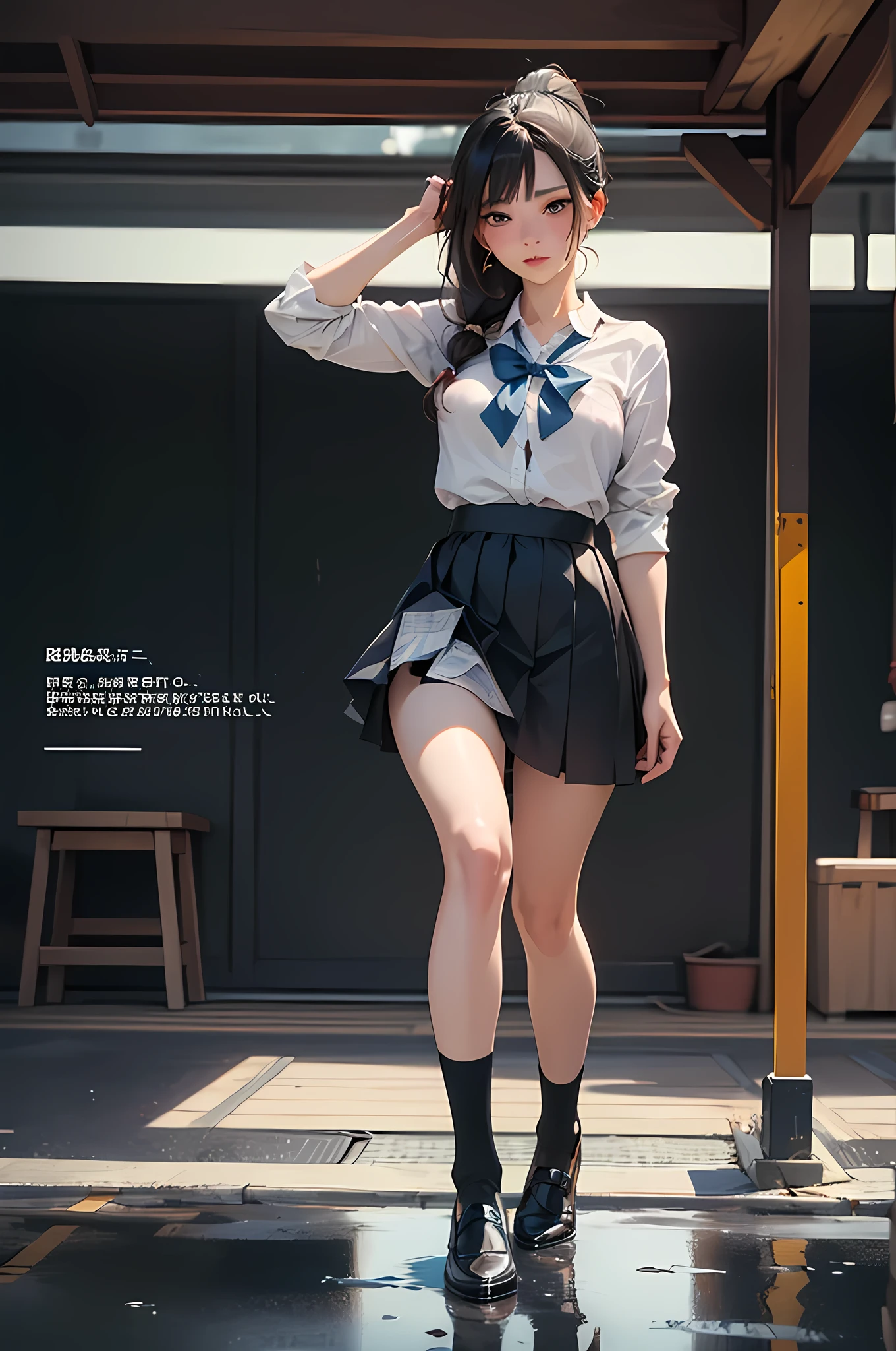 (masterpiece, IMAX cinematic quality:1.4),
(TEXT Wall paint:1.2), Beautiful women,
A woman in a high school uniform sits with her legs spread and lifts her skirt , wearing Lofer, It's live-action, peeing in station, Ponytail hair, Blushed face, Medium breast, lots puddle of pee at feet, Black socks, From below,
(ultra-realistic portrayal blending urban style with the allure of an Asian woman in a candid moment:1.3),