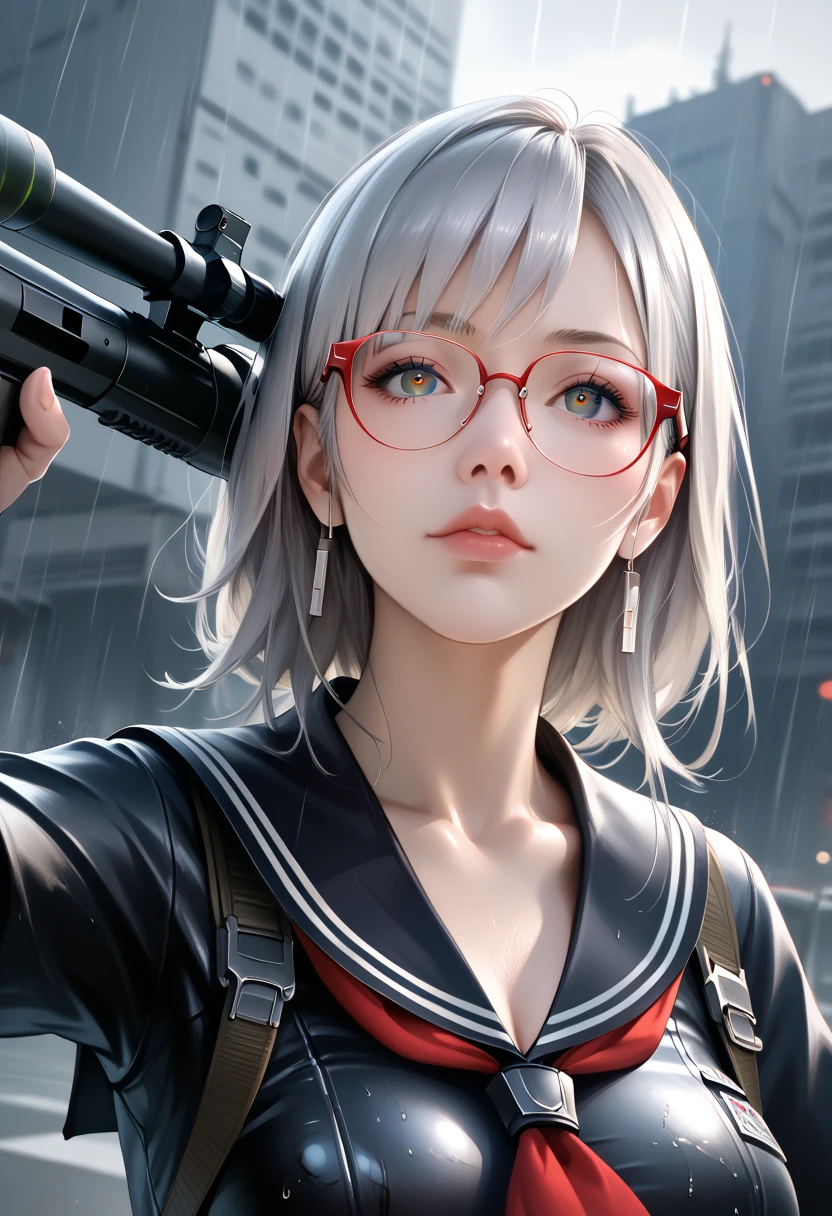 Silver Hair Girl,(( Hermaphrodite )) Big Breasts, red glasses, face down ,Looking through a sniper scope,Aiming Gun , Tactical Boots ,Futuristic gun,Rain environment, High Quality ,8k, ultra detail, surreal,masterpiece, cinematic lighting,Dramatic lighting, Dramatic Poses, extremely detailed facial features , Very Realistic , photorealistic , beautiful eye with attention to detail, Beautiful Detailed Lips , Extremely Detailed Eyes and Face , has long eyelashes, 1 girl, concept art ,  digital art 、Shiny Futuristic gun、Vivid Depiction of the Human Body 、Sexy Sailor Battle Suit