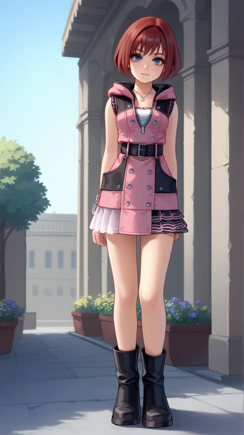 score_9, score_8_up, source_anime, highly detailed, 1girl, solo,
kairi, 1girl, solo, blue eyes, zipper, jewelry, boots, dress, necklace, short hair,
red hair, pink dress, zipper pull tab, pleated dress, short dress, 
outdoor,