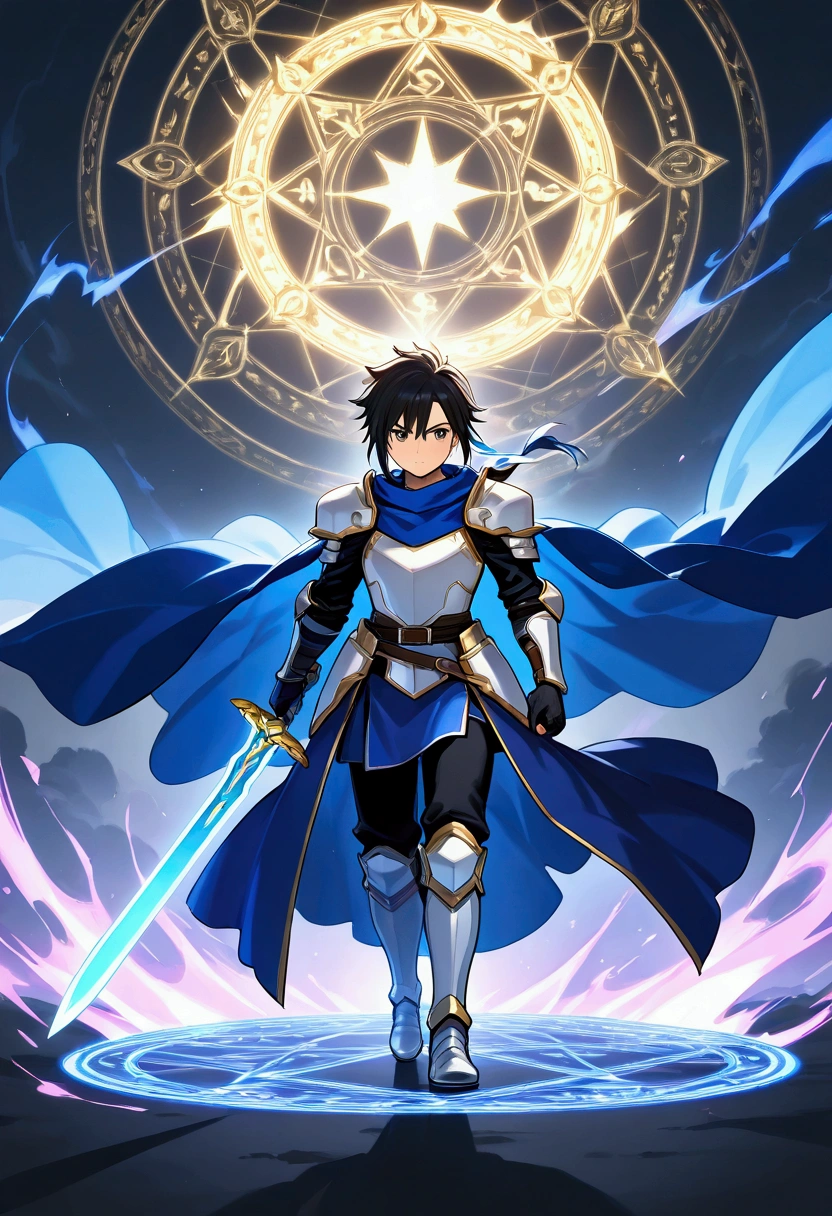 's greatest masterpiece ,  High Quality  , 25-year-old handsome dark-haired young man"Asuka" , Young Hero , Alone , Paladin with majestic white armor and a blue cloak , ( thrusts the sacred sword to the earth ) , Wear a sacred blue aura , Real Digital Art  ,  very detailed , 4ｋ
