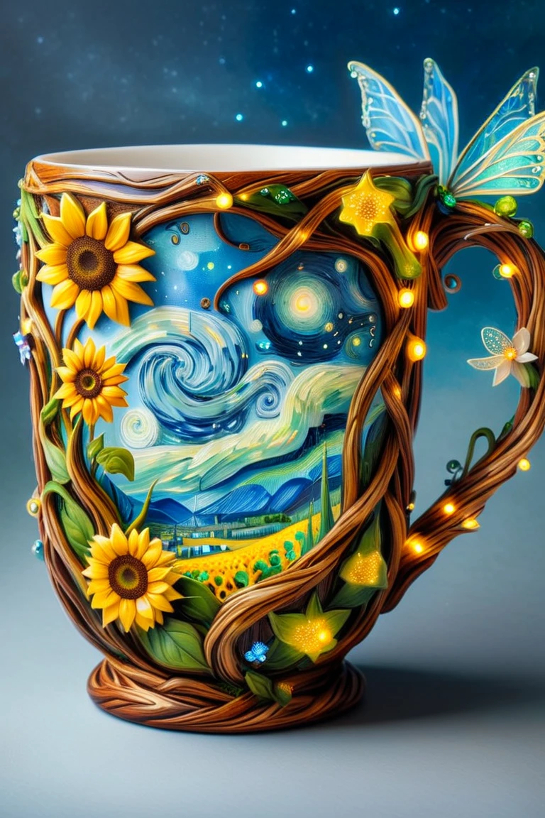 An elegant coffee cup, painted in the style of Van Gogh, sunflowers and the evening sky, a fairy girl sitting in the cup, in the style of Jasmine Beckett Griffin