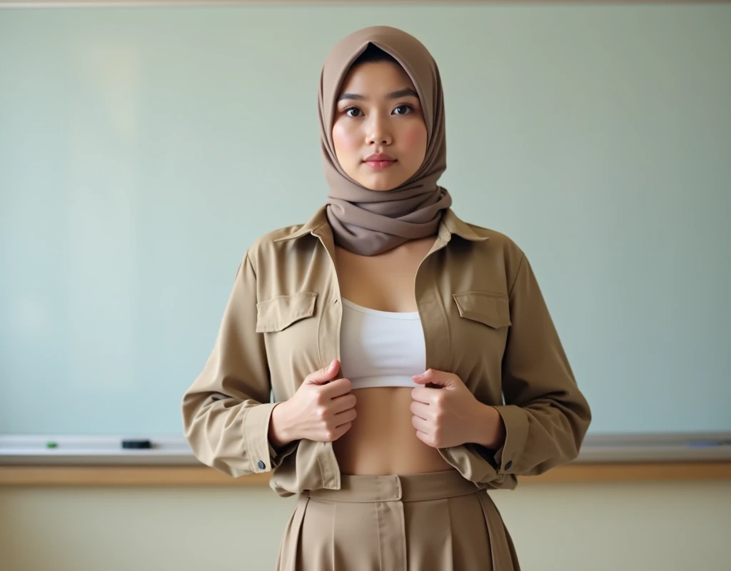 ((masterpiece)), super detailed, highly detailed, 16k, high resolution, ((turkish girl hijab)), ((long hijab, close hijab)), fit body, perfect eyes, busty pale skin, fair skin, perfect skin, ((indoor)), at day, ultra-delicate face, delicate eyes, double eyelids, half smile, Realistic, beautiful and delicate photo,heterosexual, braless, standing, ((classroom)), naughty expression, sit on table pose, front view, ((Wide-leg linen pants)),,muslim clothes
