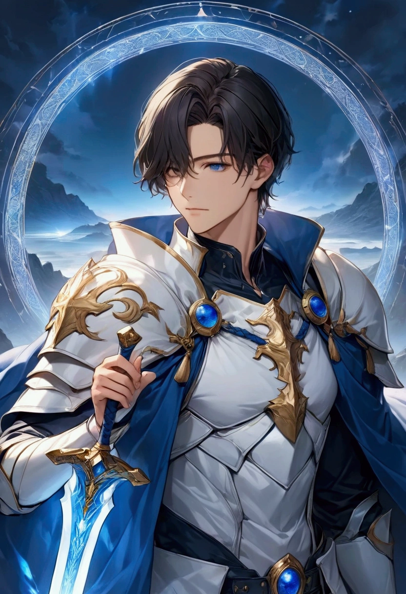 's greatest masterpiece ,  High Quality  , 25-year-old handsome and fearless dark-haired young man"Asuka" , Young Hero , Alone , Paladin with majestic white armor and a blue cloak , ( thrusts the sacred sword to the earth ) , Wear a sacred blue aura , Advanced magic circle blue on the earth  , Real Digital Art  ,  very detailed , 4ｋ
