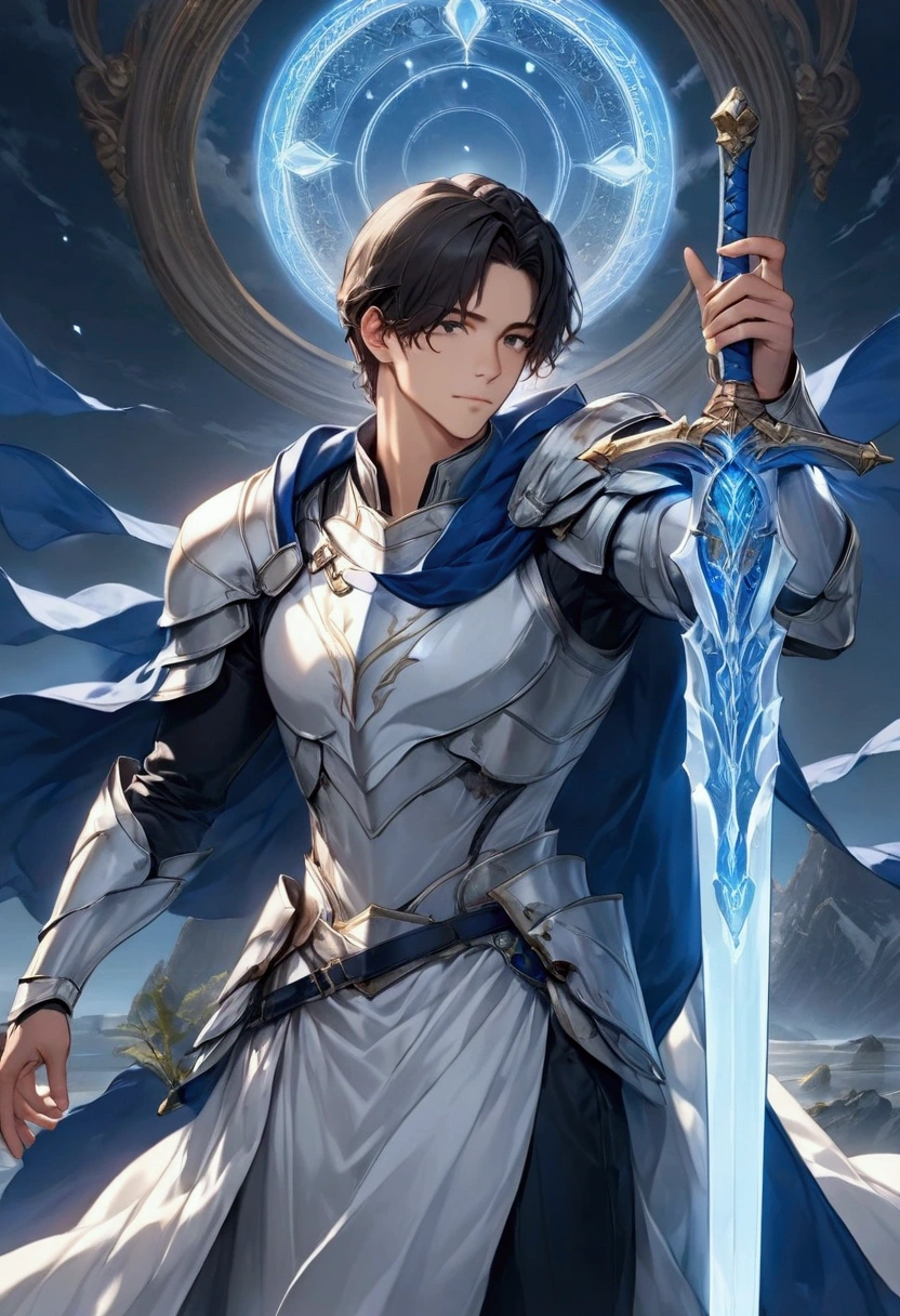 's greatest masterpiece ,  High Quality  , 25-year-old handsome and fearless dark-haired young man"Asuka" , Young Hero , Alone , Paladin with majestic white armor and a blue cloak , ( thrusts the sacred sword to the earth ) , Wear a sacred blue aura , Advanced magic circle blue on the earth  , Real Digital Art  ,  very detailed , 4ｋ
