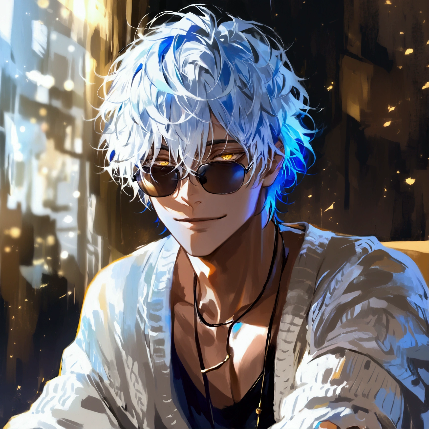 (solo), (1 male), handsome men, (one man with white hair with Blue inner hair color, yellow eyes), Bob hair, messy hair, sunglasses,((masterpiece)), (dark background: 1.3), (stylish), White cardigan ,dynamic angle, (detailed face, detailed eyes, proportional hands, proportional anatomy), sitting in a relaxed pose, sinister atmosphere, a nihilistic smile