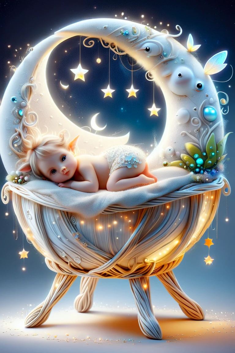 perfection night,stars,moon,little crib,cute babe creature,unforgettable impressive beauty,three-dimensional light,stylized abstract illustration with elegant,smooth lines that give the drawing a whimsical character by tinart style,a randomly chosen moment complements the overall atmosphere of creativity and the art of luxury