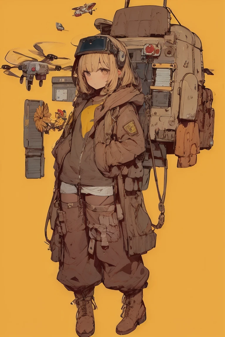   full body portrait , (  super detailed ,  Super high resolution ,   detailed background ),((2D)),((  flat color)),((achromatic  )),  1 girl,,   viewers,   loose red flight suit  ,   wear large sheepskin colored bomber jacket, ( big yellow boots  ),  Plush color  ,   full body portrait ,  wear VR goggles , ((  Baron Desert Intracat background  )), ((Doomsday City)),   Expressing the whole body , ((  drone next to her  )), Pop Art Style  chibi