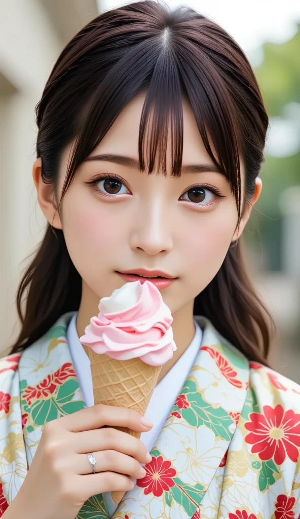   Beautiful European Woman with Her Mouth Wide Open, wearing a beautiful kimono, (masterpiece,  Best quality 1.4), (8k,  RAW photos :1.2), ( realistic, photo  realistic:1.4), Super high resolution, ( High Definition 8K Wallpaper ),  Japanese idol ,  Japanese Actress,  so cute,  big eyes,   detailed faces and eyes ,  Regain Color to Your Face  ,  beautiful eyes,  glowing skin,  Portrait, ( twin tails:1.2), (smile:1.3), (  Holding a Soft Ice Cream Cone  ,   Soft Ice Cream in Her Mouth  :1.2), illumination, Depth, edge Depth, ( Dynamic Angle:1.4),  Blurry Backgrounds , Bokeh, (kimono,  frill skirt :1.2), ( Daytime in the Park  ).