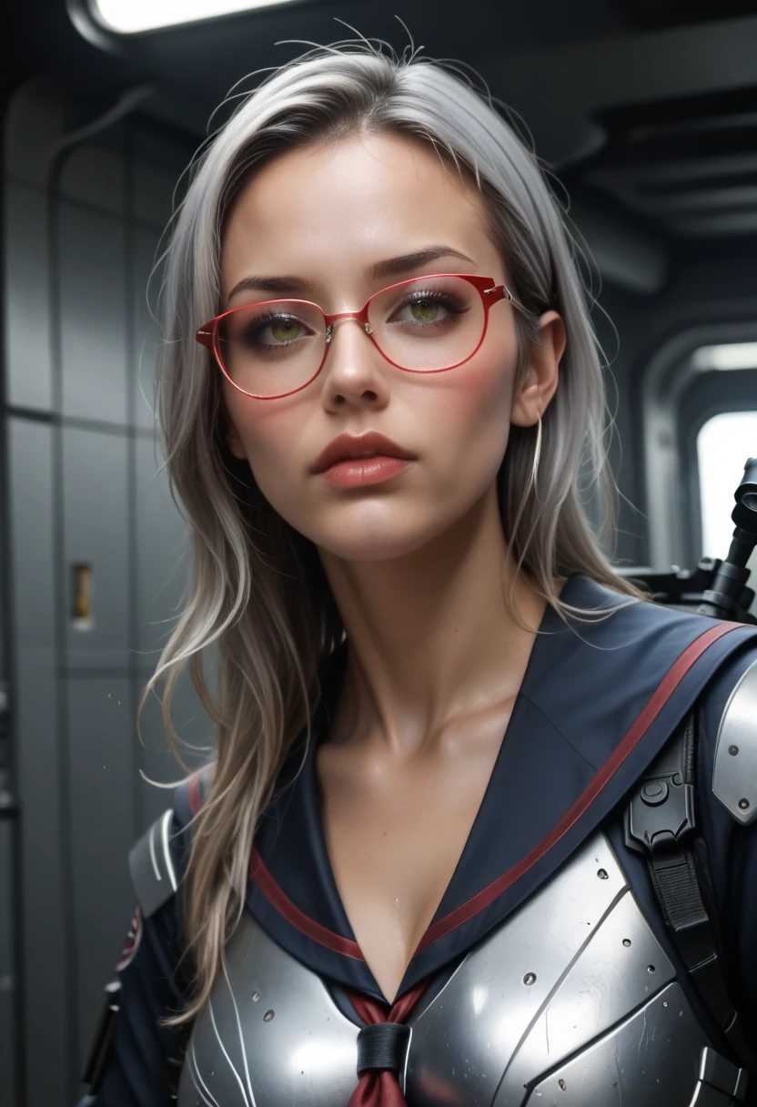 Silver Hair Girl,(( Hermaphrodite )) Big Breasts, red glasses, face down ,Looking through a sniper scope,Aiming Gun , Tactical Boots ,Futuristic gun,Rain environment, High Quality ,8k, ultra detail, surreal,masterpiece, cinematic lighting,Dramatic lighting, Dramatic Poses, extremely detailed facial features , Very Realistic , photorealistic , beautiful eye with attention to detail, Beautiful Detailed Lips , Extremely Detailed Eyes and Face , has long eyelashes, 1 girl, concept art ,  digital art 、Shiny Futuristic gun、Vivid Depiction of the Human Body 、Sexy Sailor Battle Suit