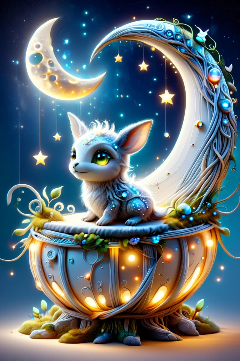 perfection night,stars,moon,little crib,cute babe creature,unforgettable impressive beauty,three-dimensional light,stylized abstract illustration with elegant,smooth lines that give the drawing a whimsical character by tinart style,a randomly chosen moment complements the overall atmosphere of creativity and the art of luxury