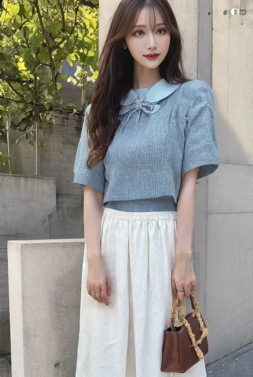 4K, masterpiece, 8k, high quality, 最high quality,10歳のcute少等生, Very white skin, long brown curly hair,a bit,Low length,freckles、Blunt bangs,(Flat Chest) ,feminine, freckles, Tilt, elegant, elegant, cute, smile, cute, Hilarious, belly button, Denim Low Rise Mini Skirt, ((Black Pantyhose)), (Ugly clothes)、((Gray background))