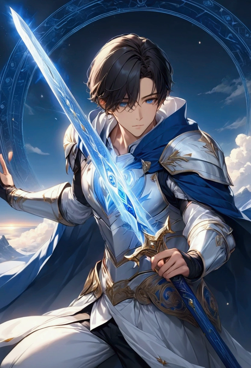 's greatest masterpiece ,  High Quality  , 25-year-old handsome and fearless dark-haired young man"Asuka" , Young Hero , Alone , Paladin with majestic white armor and blue cloak , ( thrusts the sacred sword to the earth ) , Wear a sacred blue aura , Advanced magic circle blue on the earth  , Real Digital Art  ,  very detailed , 4ｋ
